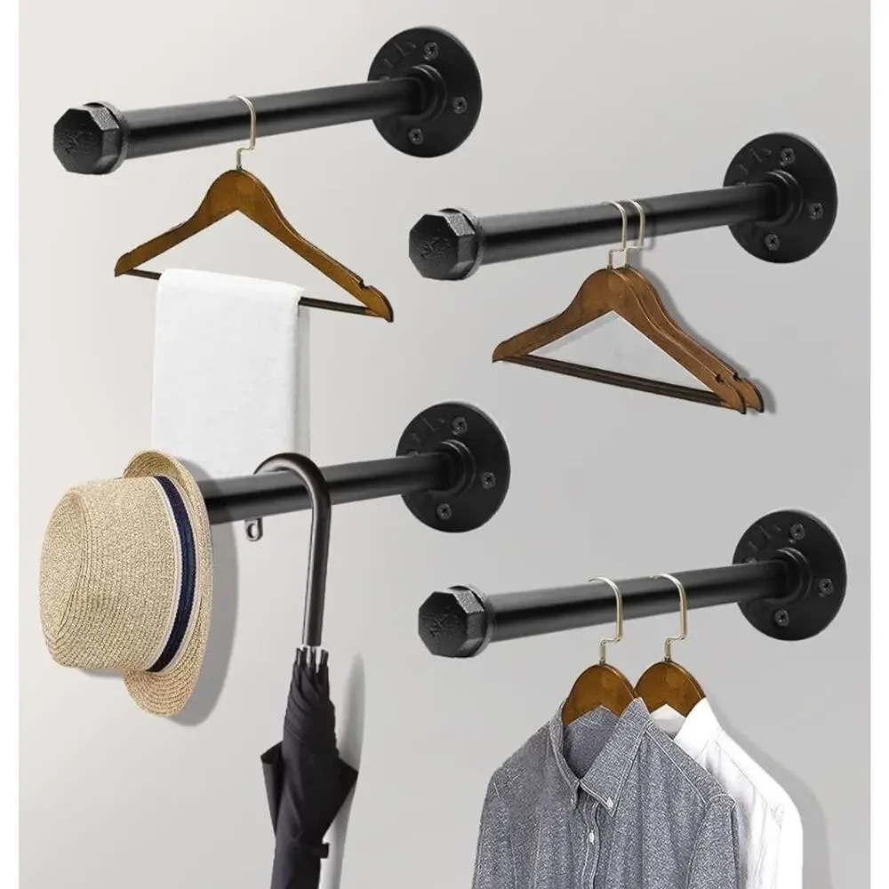 4 Pack 12 Inch Industrial Pipe Clothing Rack Wall Mounted Clothes Hanging Rod
